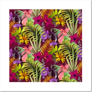 Elegant tropical flowers and leaves pattern floral illustration, red tropical pattern over a Posters and Art